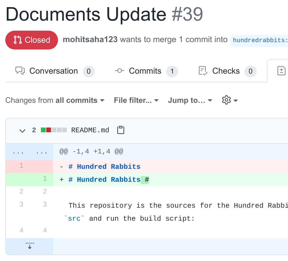 Screenshot of a spam pull request on GitHub which adds garbage to the README.md file