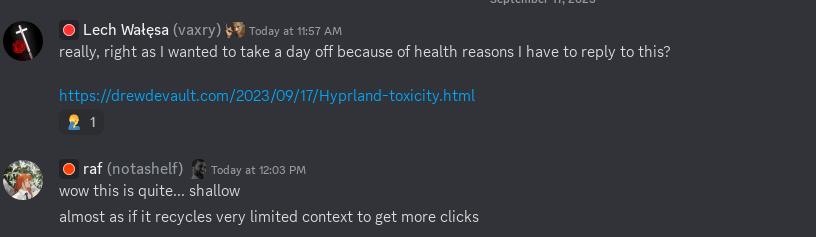 Screenshot of a Discord channel with Vaxry’s initial reaction to this post.
“Really, right as I wanted to take a day off because of health reasons I have to
reply to this?”. Another user responds “wow this is quite… shallow”, “almost
as if it recycles very limited context to get more clicks”