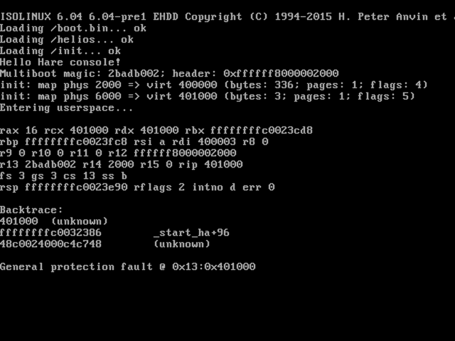 A screenshot showing Helios booting and entering userspace