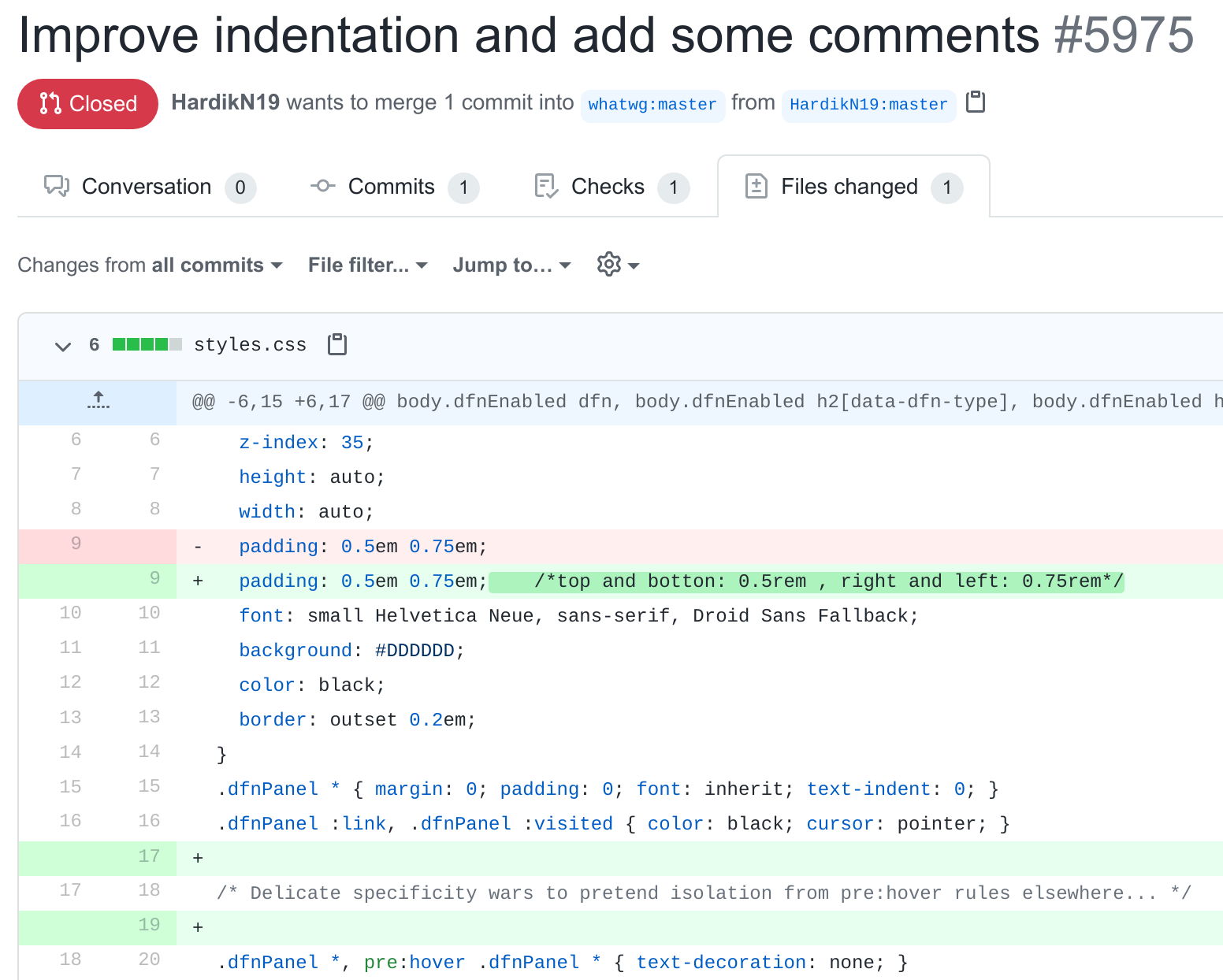 Screenshot of a pull request which needlessly comment a CSS file