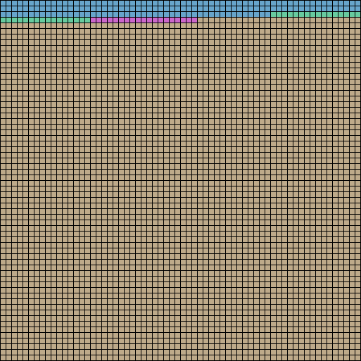 A 64 by 64 grid of cells representing a page of physical memory. The first set
of cells are colored blue; the next set green; then purple; the remainder are
brown.