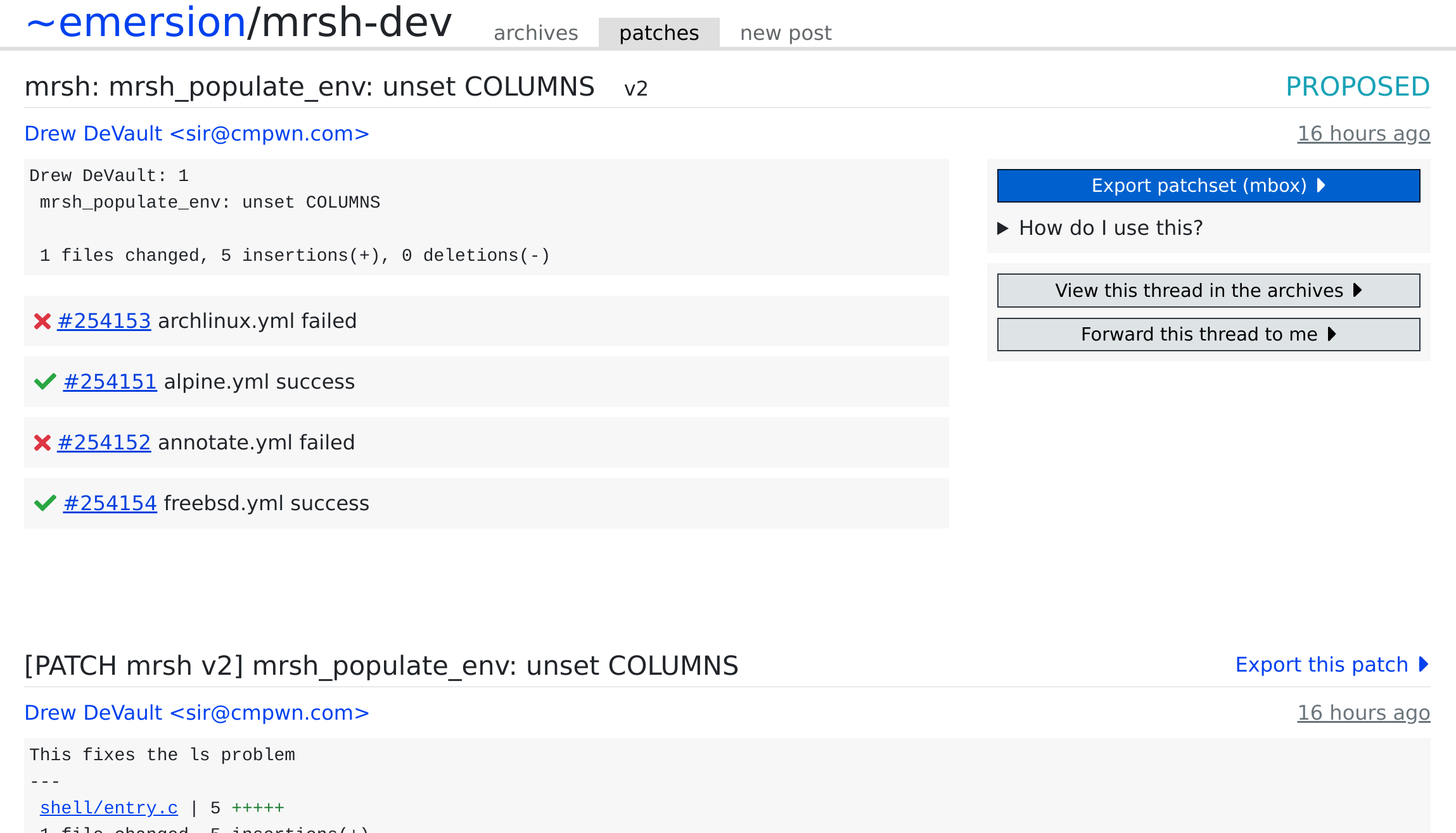 A screenshot of build status indicators for a patchset on lists.sr.ht